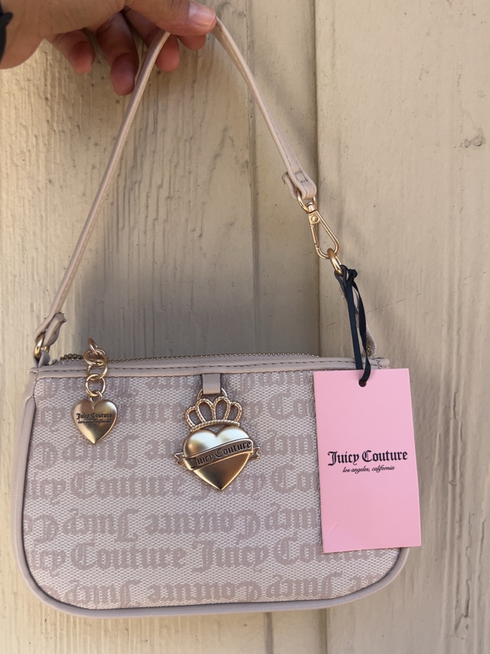 Juicy Couture Light Beige Monogram Mini Shoulder Bag with Gold Heart Charm